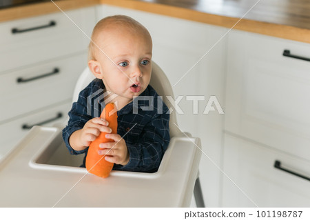 Little boy in a blue t-shirt sitting in a child's chair eating carrot copy space and empty space for text - baby care and infant child feeding concept 101198787