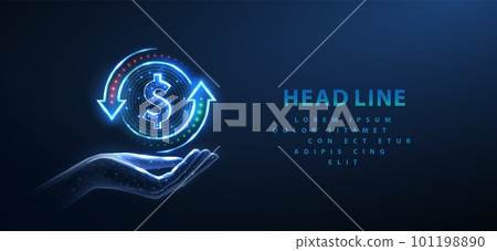 Coin with a dollar sign and two arrows rotating around it on hand. Bank transfer, currency exchange Coin with a dollar sign and two arrows rotating around it on hand. Bank transfer, currency exchange 101198890