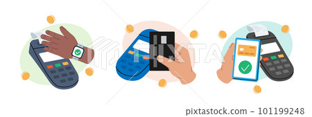 POS terminal for contactless pay with smartphone or credit card. Watch with NFC technology. Wireless contactless NFC payments. Online payment. POS terminal for contactless pay with smartphone or credit card. Watch with NFC technology. Wireless contactless NFC payments. Online payment. 101199248