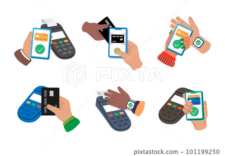 POS terminal for contactless pay with smartphone or credit card. Smartphone with online transaction. Mobile app for e-payment. Wireless NFC payments. POS terminal for contactless pay with smartphone or credit card. Smartphone with online transaction. Mobile app for e-payment. Wireless NFC payments. 101199250