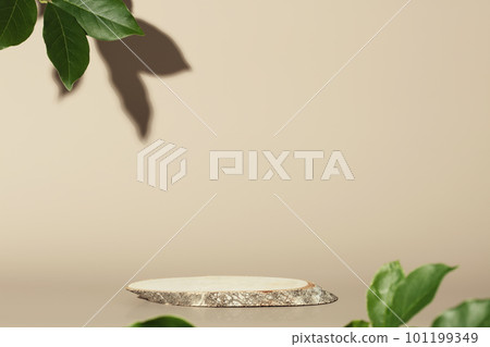 Wood slice podium on beige background for cosmetic product mockup 101199349