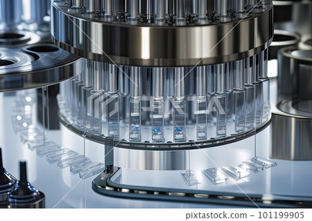 Vaccines and medications mass production in laboratory. Bottles moves on conveyor belt in Research Lab. Ai generation Vaccines and medications mass production in laboratory. Bottles moves on conveyor belt in Research Lab. Ai generation 101199905