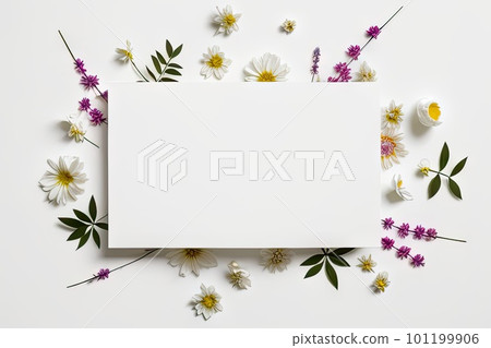 Top view at white card with flowers and leaves scattered on table. Flat lay. Copy space and mock up. Generative Ai. Concept of greeting card Top view at white card with flowers and leaves scattered on table. Flat lay. Copy space and mock up. Generative Ai. Concept of greeting card 101199906