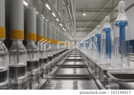 Close up view if vaccines and medications mass production in laboratory. Bottles moves on conveyor belt in Research Lab. Pharmaceutical industrial. Ai generation Close up view if vaccines and medications mass production in laboratory. Bottles moves on conveyor belt in Research Lab. Pharmaceutical industrial. Ai generation 101199917