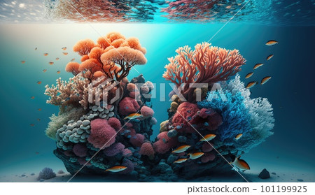 Colorful coral reef underwater with fish. Ai generation. Concept of ecological disaster and Global warming Colorful coral reef underwater with fish. Ai generation. Concept of ecological disaster and Global warming 101199925