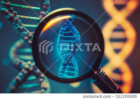 Viewing the magnified image of Human DNA helix in body liquid. Depiction of the double helix DNA structure in body fluid. Generative AI 101200089