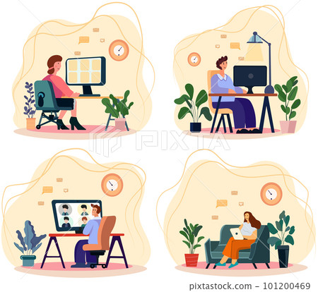 Embracing the work-from-home lifestyle. Employees collaborate via video calls, discussing projects and attending online briefings with coworkers in a webcam-based group conference. Flat style vector. Embracing the work-from-home lifestyle. Employees collaborate via video calls, discussing projects and attending online briefings with coworkers in a webcam-based group conference. Flat style vector. 101200469