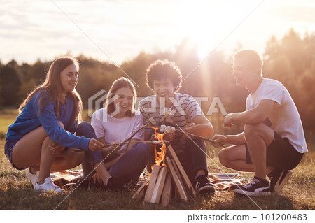 Outdoor shot of happy best friends gather together to have picnic, prepare marshmallows on fire, have positive expressions as tell each other funny stories. People, friends and recreation concept 101200483