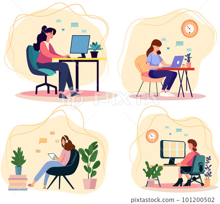 Embracing the work-from-home lifestyle. Employees collaborate via video calls, discussing projects and attending online briefings with coworkers in a webcam-based group conference. Flat style vector. Embracing the work-from-home lifestyle. Employees collaborate via video calls, discussing projects and attending online briefings with coworkers in a webcam-based group conference. Flat style vector. 101200502