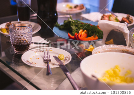 Dinner table after party. Empty plate after dinner. Dinner set for home event. Dirty table after banquet. Celebration at home. Finish of the party. Dinner table after party. Empty plate after dinner. Dinner set for home event. Dirty table after banquet. Celebration at home. Finish of the party. 101200856