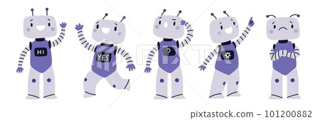 Robot mascot. Android digital assistant in different poses. Emotion expressions. Friendly cyborg character. Kids humanoid. AI technologies. Robotic machines. Garish vector cyber toys set 101200882