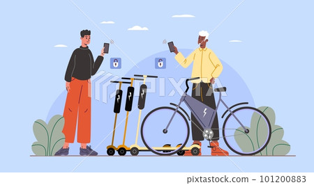 Radio frequency identification. Men renting electric bicycle and scooter. Transport rental service. Payment by electronic card. Guy scans tags. Modern mobile technology. Vector concept 101200883