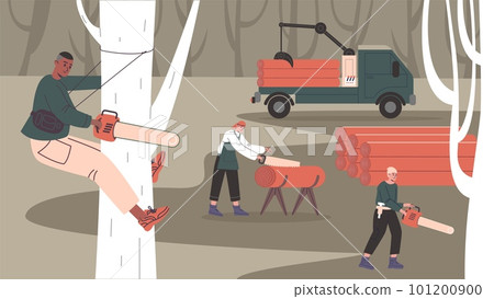 Lumberjacks chop down trees. Cartoon woodworkers. Deforestation process. Woodworking industry. Carpentry workers with saws. Loading logs into truck. Woodcutters work. Vector concept 101200900