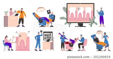Dentist with patient. Chair in doctors office. People treat teeth. Dentistry equipment. Oral hygiene. Medical specialist. Molar scanner. Dental clinic. Vector stomatology services set 101200919