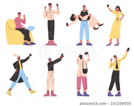 Cartoon people take selfies. Mobile photography on front camera. Pictures from outstretched arm. Smartphones shooting. Men and women making photos by phone. Vector posing persons set Cartoon people take selfies. Mobile photography on front camera. Pictures from outstretched arm. Smartphones shooting. Men and women making photos by phone. Vector posing persons set 101200930