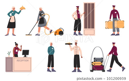 Cartoon hotel staff. Professional guesthouse employees. Managers and subordinates. Porter or concierge in uniform. Maid with vacuum cleaner. Restaurant waiter. Vector motel workers set 101200939