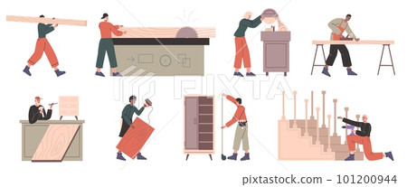 Carpenter with tools and blanks. Wooden workshop. People work with wood. Woodworking occupation. Professional craftsman with sawmills and drills. Furniture making process vector set 101200944