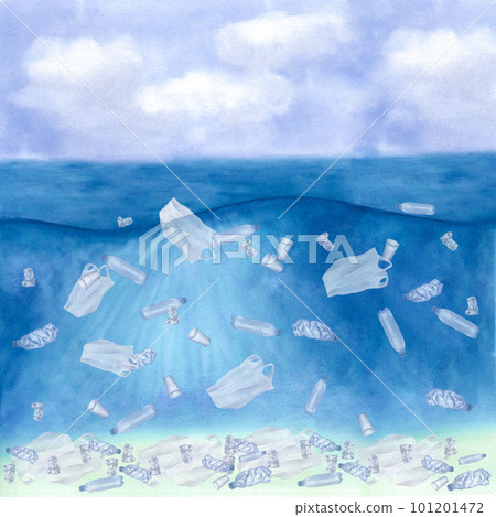 Plastic waste floats in the ocean. Environmental marine pollution. Ecological problem. Hand-drawn watercolor illustration. Underwater background Plastic waste floats in the ocean. Environmental marine pollution. Ecological problem. Hand-drawn watercolor illustration. Underwater background 101201472