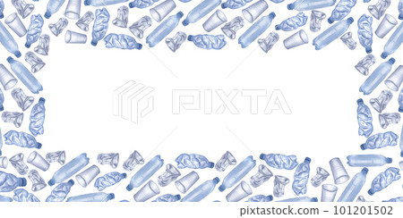 Banner with plastic trash. Disposable blue transparent bottles and cups. Hand-drawn watercolor illustration isolated on white background. Ecology 101201502