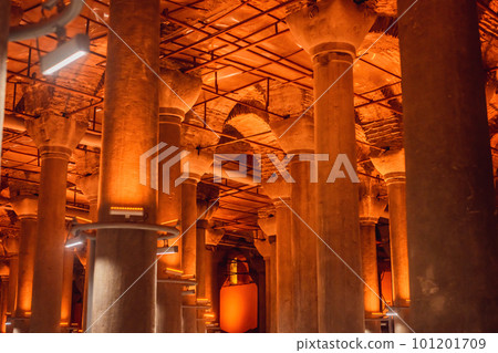 Beautiful cistern in Istanbul. Cistern - underground water reservoir build in 6th century, Istanbul, Turkey, Turkiye Beautiful cistern in Istanbul. Cistern - underground water reservoir build in 6th century, Istanbul, Turkey, Turkiye 101201709