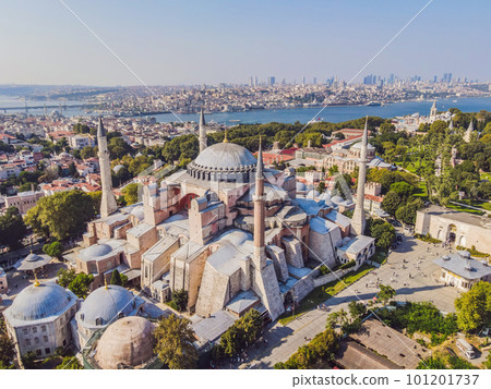 Sunny day architecture and Hagia Sophia Museum, in Eminonu, istanbul, Turkey. Turkiye. Dron photography Sunny day architecture and Hagia Sophia Museum, in Eminonu, istanbul, Turkey. Turkiye. Dron photography 101201737