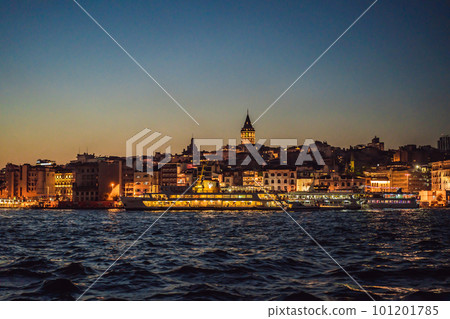 Istanbul city skyline in Turkey, Beyoglu district old houses with Galata tower on top, view from the Golden Horn 101201785