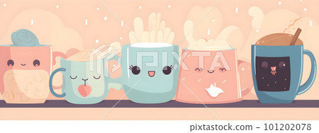 Cute kawaii coffee tea cups with cartoon character Cute kawaii coffee tea cups with cartoon character 101202078