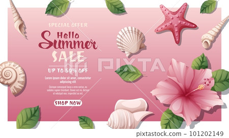 Summer background with hibiscus flower, seashells and starfish. Summer time, vacation. Summer sale template, discount banner Summer background with hibiscus flower, seashells and starfish. Summer time, vacation. Summer sale template, discount banner 101202149
