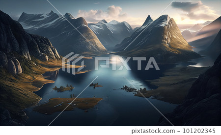 Beautiful landscape with high mountains and lagoon water with sunlight golden sunrise, nature, Generative AI Beautiful landscape with high mountains and lagoon water with sunlight golden sunrise, nature, Generative AI 101202345