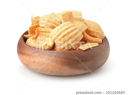 Wooden bowl of puffed ruffled chips Wooden bowl of puffed ruffled chips 101202685