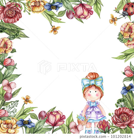 Watercolor square flower frame in cartoon style with a cute girl doll in a dress. Cartoon hand drawn background with flower princess and yellow flowers for kids design. Perfect for wedding invitation. 101202814