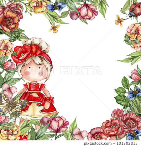 Watercolor square flower frame in cartoon style with a cute girl doll in a dress. Cartoon hand drawn background with flower princess and yellow flowers for kids design. Perfect for wedding invitation. 101202815