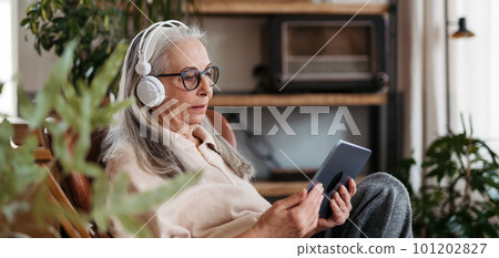 Senior woman spending her leisure time with a digital tablet. 101202827