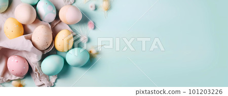 Top view of spring composition with eggs, Easter concept, created with Generative AI technology. 101203226