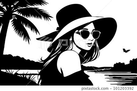 Beautiful woman in a big hat and sunglasses on the background of the river. Black and white vector illustration Beautiful woman in a big hat and sunglasses on the background of the river. Black and white vector illustration 101203392