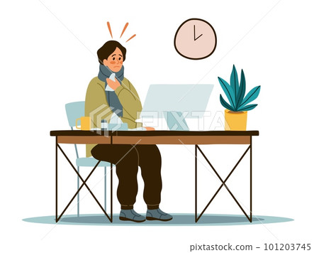 Young guy worker sitting in office at computer with high fever and sick with cold. Sick man at workplace, sneezing person, weakness and headache. Cartoon flat illustration. Vector concept Young guy worker sitting in office at computer with high fever and sick with cold. Sick man at workplace, sneezing person, weakness and headache. Cartoon flat illustration. Vector concept 101203745
