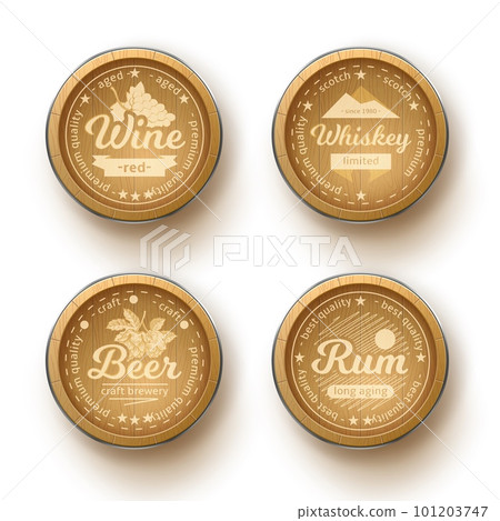 Wooden barrels tops emblems. Realistic oak round signs with alcoholic beverages inscriptions, different isolated oak bar decoration, wine and rum, beer and whiskey storage utter vector 3d set Wooden barrels tops emblems. Realistic oak round signs with alcoholic beverages inscriptions, different isolated oak bar decoration, wine and rum, beer and whiskey storage utter vector 3d set 101203747