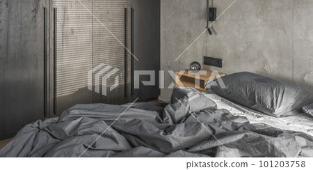 Minimalistic black wall light in modern interior in grey and black colours, concrete wall design, clay wall. Contemporary interior design aesthetics with concrete details Minimalistic black wall light in modern interior in grey and black colours, concrete wall design, clay wall. Contemporary interior design aesthetics with concrete details 101203758