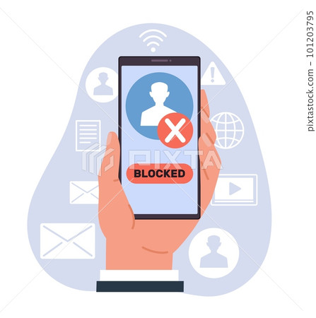 Social media security, hand holding smartphone with locked account. Blocked call, censorship or ransomware activity security. Cartoon flat illustration. Vector data protection concept 101203795