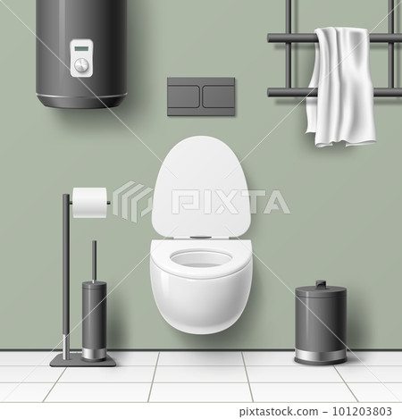 Realistic toilet interior. Minimal design, porcelain toilet bowl, black boiler, heated towel rail and paper holder, 3d isolated objects, modern wc interior, lavatory room, utter vector concept Realistic toilet interior. Minimal design, porcelain toilet bowl, black boiler, heated towel rail and paper holder, 3d isolated objects, modern wc interior, lavatory room, utter vector concept 101203803