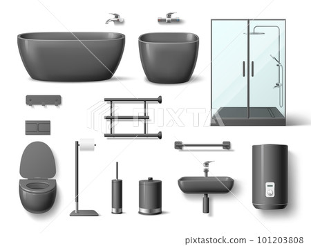 Realistic black bathroom elements. Dark ceramic and acrylic sink, toilet, bidet and shower cabin and boiler, interior 3d isolated objects, interior lavatory room utter vector set 101203808