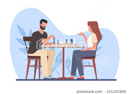 Pair of man and woman playing chess at table. Sport tournament, intelligence hobby, chessboard with figures. Smart young adult players, competitors vector cartoon flat concept 101203809