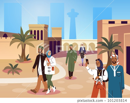 Muslim modern people walk. Islamic fashionably dressed couples on eastern street, ladies in hijabs, guys in skullcaps, men and women in fashionable oriental clothes, tidy vector cartoon concept Muslim modern people walk. Islamic fashionably dressed couples on eastern street, ladies in hijabs, guys in skullcaps, men and women in fashionable oriental clothes, tidy vector cartoon concept 101203814