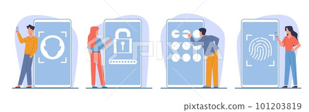 Men and women protect information on smartphones with passwords and codes. Fingerprint, face ID, digital and graphic sign. Verification and authentication cartoon flat illustration. Vector set 101203819