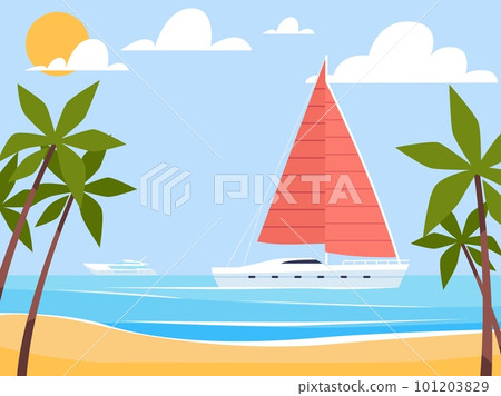 Luxurious yacht stands by beach with palm trees. Tropical resort, summertime vacation ocean panorama, seashore holiday landscape. Yachting scene. Cartoon flat illustration. Vector concept Luxurious yacht stands by beach with palm trees. Tropical resort, summertime vacation ocean panorama, seashore holiday landscape. Yachting scene. Cartoon flat illustration. Vector concept 101203829
