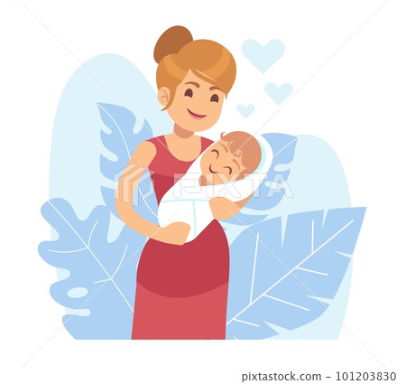 Loving mother with newborn baby in her arms. Happy woman with child. Parenthood and childhood. Family portrait. Cartoon flat style isolated maternity illustration. Vector motherhood concept Loving mother with newborn baby in her arms. Happy woman with child. Parenthood and childhood. Family portrait. Cartoon flat style isolated maternity illustration. Vector motherhood concept 101203830