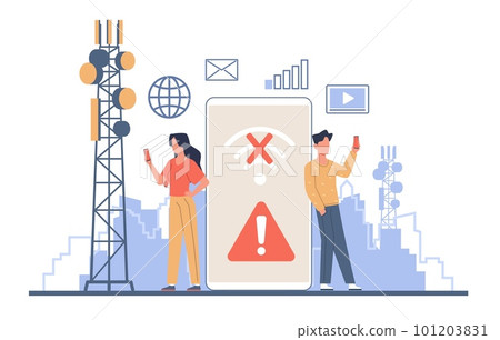Loss of wireless connection, no Wi-Fi signal. Huge smartphone, antenna internet towers, man and woman hold phone, link error. Cartoon flat isolated illustration. Vector concept Loss of wireless connection, no Wi-Fi signal. Huge smartphone, antenna internet towers, man and woman hold phone, link error. Cartoon flat isolated illustration. Vector concept 101203831