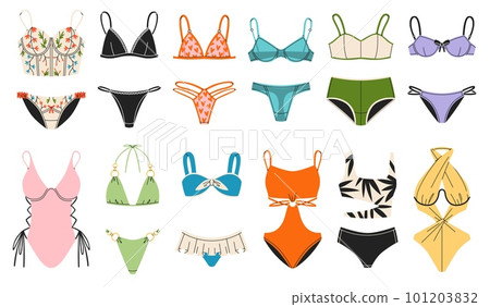 Lingerie and swimsuits. Bright woman bikini, fashionable beach models, separate and piecework, cute bras and colorful panties, bodysuits, cartoon flat illustration, tidy vector set Lingerie and swimsuits. Bright woman bikini, fashionable beach models, separate and piecework, cute bras and colorful panties, bodysuits, cartoon flat illustration, tidy vector set 101203832