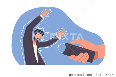 Hand holding stun gun, hit a person stun device, weapon for self defense. Protection from criminal. Electroshock weapon for defense, high voltage. Cartoon flat illustration. Vector concept Hand holding stun gun, hit a person stun device, weapon for self defense. Protection from criminal. Electroshock weapon for defense, high voltage. Cartoon flat illustration. Vector concept 101203847