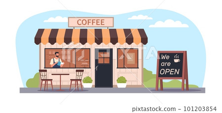 Facade of cafe with tables on terrace and inscription we opened. Restaurant or shop building. Front view house facade with door, windows and signboard, cartoon flat illustration, vector concept Facade of cafe with tables on terrace and inscription we opened. Restaurant or shop building. Front view house facade with door, windows and signboard, cartoon flat illustration, vector concept 101203854